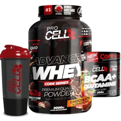 Imagen de ProCell PACK Whey Core + BCAA &amp; Glutamina 300gr Shaker REGALO proteina concentrada Aminoácidos Gana masa muscular, en polvo (2 KG, Chocolate Crunchy Bar)