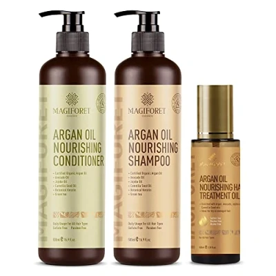Imagen de MagiForet Set de cuidado del cabello con champú aceite argán 500 ml + acondicionador serum capilar 100 ml, antifrizz, sin sulfatos, parabenos, cuida los rizos, rizos y