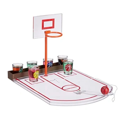 Imagen de relaxdays Juego Chupitos Baloncesto, 6 Vasos, Mini Canasta y Pelota, Plástico Cristal, 22,5 x 24 44 cm, Transparente, Adultos Unisex