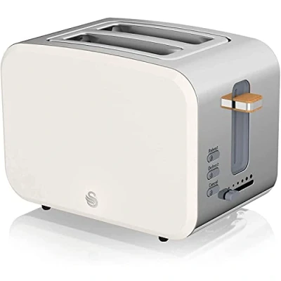 Imagen de Swan Nordic Tostadora Pan ranura ancha 2 rebanadas, 3 funciones, 6 niveles de tostado, diseño moderno acero inoxidable, tirador efecto madera, blanco mate
