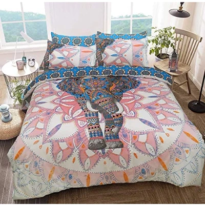 Imagen de Sleepdown Juego de Ropa Cama, con diseño Elefante y Mandalas, Funda edredón Fundas Almohada, Reversible, hipoalergénico, fácil Cuidado, Suave, Color Rosa/Azul, tamaño Doble