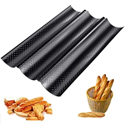Imagen de Baguette perforada antiadherente Bandeja para hornear pan francés baguettes con revestimiento de tres ranuras horno (Negro)