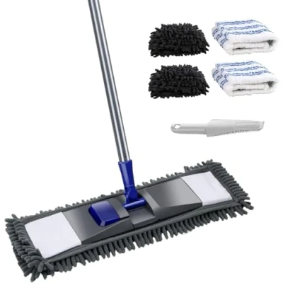 Imagen de Masthome Fregona de Suelo,Fregona Plana Incluye 2 Almohadillas Chenilla y Microfibra para Trapeador, Trapeador Plano Limpieza Suelos Madera Dura, Laminado, Baldosas
