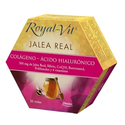 Imagen de Dielisa, Royal Vit, Jalea Real Colágeno, Ácido Hialurónico, Complemento Alimenticio con 500mg de Real, Silicio, CoQ10, Resveratrol y Polifenoles, 20 viales