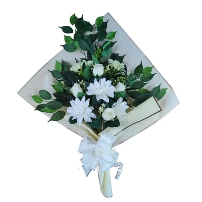 Imagen de DRW Ramo de Flores para Cementerio Artificiales con Jarron Meter en el Bote del 78x63x20 cm (Dalias Beige)