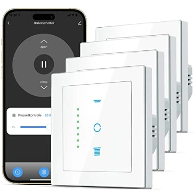 Imagen de CURRYSMARTER Interruptor de persiana wifi, con LED controlable, temporizador inteligente para persianas, control compatible Echo Alexa/Google, 4 piezas