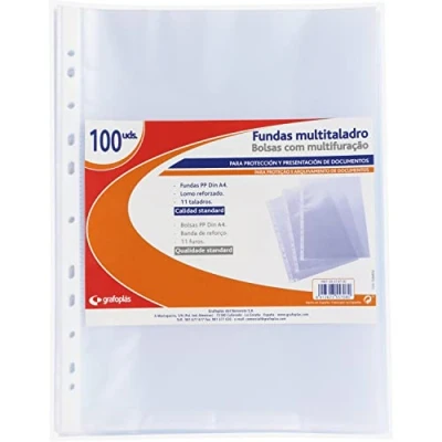 Imagen de Grafoplas 5576700. Pack de 100 Fundas Multitaladro A4, Polipropileno Estándar, Color Transparente, Piel Naranja