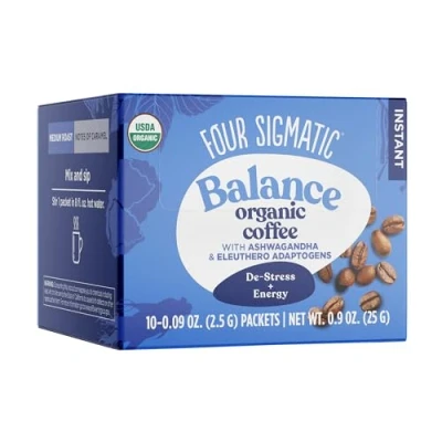 Imagen de Four Sigmatic café adaptógeno instantáneo orgánico, tostado medio con Ashwagandha, Chaga, Eleuthero y Tulsi, apoyo inmunológico alivio del estrés, paquete de 10