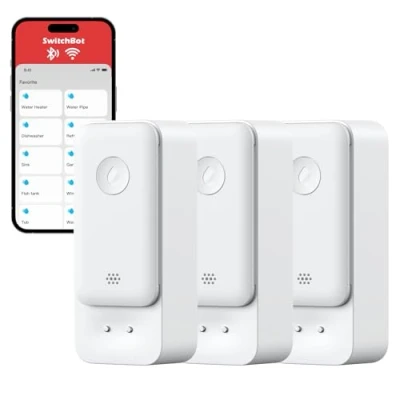 Imagen de SwitchBot WiFi Sensor de Agua Pack 3, Inteligente Fugas Agua, 100dB Alertas Ajustables y App, IP67 Impermeable, Detector Inalámbrico para Cocina, Baño, Sótano, No Exige Hub (Permite 2,4G)