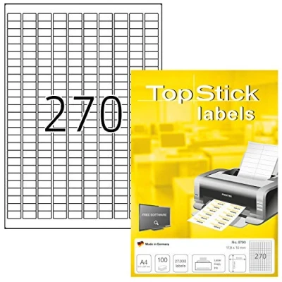Imagen de TopStick 8790 etiquetas autoadhesivas universales A4 muy pequeño (17,8 x 10 mm, papel) 100 hojas, 270 por hoja, 27000 etiquetas, para impresoras inkjet y láser