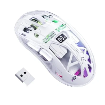 Imagen de FREEWOLF Ratón Inalámbrico para Juegos A2, Modo Dual 2.4G/Bluetooth Pc, RGB con Pantalla De Visualización Batería, Carcasa Transparente, Pixart 3212 4000 dpi, Blanco Esmaltado