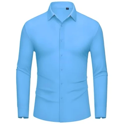 Imagen de DEMEANOR camisa elástica de manga larga para hombre, negocios, ajustada, sin planchado, informal camisas moda azul claro, M