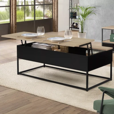 Imagen de IDMarket Boston Mesa baja negra con bandeja elevable de madera rectangular