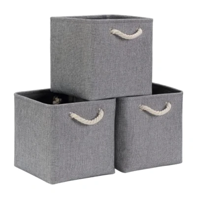 Imagen de Mangata Cajas de Almacenaje, Cestas Almacenaje Tela para Ropa, Armarios, Estantes, Juguetes, 33x33x33 cm (Plegable, 3X, Beige Gris)