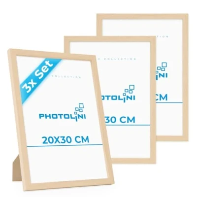 Imagen de PHOTOLINI marcos 20x30 cm madera MDF natural, set de 3 para pósteres, cristal acrílico, colgar y poner pie, incluye accesorios fotos, láminas pósteres