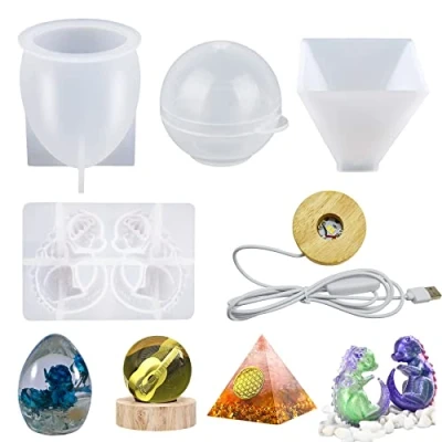 Imagen de Yayatty 5 pz Moldes Silicona Resina Piramidal Epoxi Esfera Molde de con Forma Huevo Dragón en 3D base lámpara USB para La Decoración Del Hogar