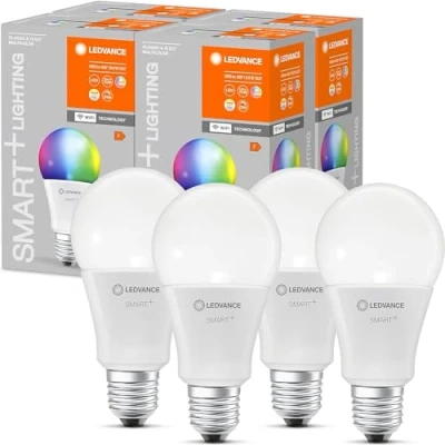 Imagen de LEDVANCE SMART+ Lámpara LED WIFI, aspecto mate, 9.5W, 1055 lm, forma de lámparaclásica con casquillo E27, luz color y blanca, control por app o voz, vida útil hasta 20.000HR,Paquete 4