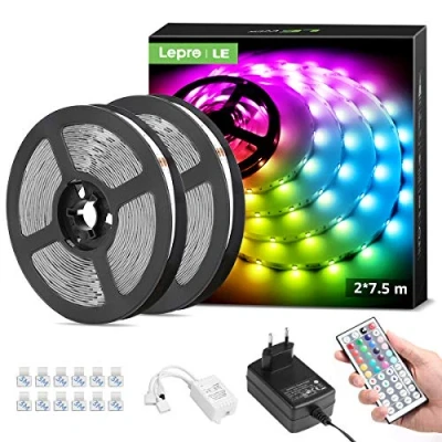 Imagen de LE Tira Luz RGB 15M, LED 5050 SMD, Tiras Luces con Función de Memoria, Voltaje Entrada 12V, Ángulo Haz 120, Fuente Alimentación y Controlador Incluidos