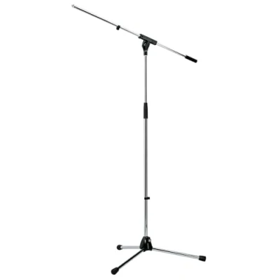 Imagen de K&amp;M Konig &amp; Meyer 21060.500.02 Soporte para micrófono de trípode con brazo Fácil ajuste altura embrague Diseño patas plegables Base zinc fundido Grado profesional todos los músicos Fabricado en Alemania Cromado