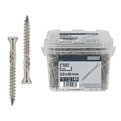 Imagen de HELPMATE tornillos de terraza 5 x 60 mm, acero inoxidable A2, 500 para tablones + 2 puntas T25, terrazas exteriores (construcción terrazas, casas jardín,