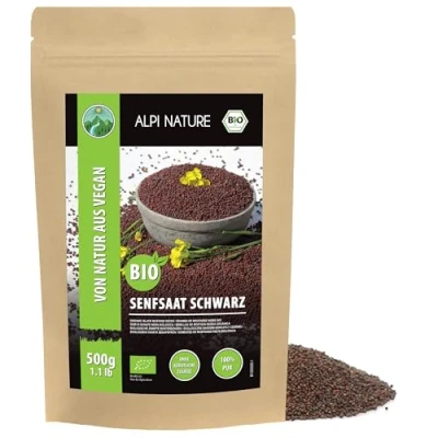 Imagen de semillas de mostaza orgánicas enteras negras marrones (500g), negras, enteramente cultivo orgánico controlado, 100% natural, sin aditivos