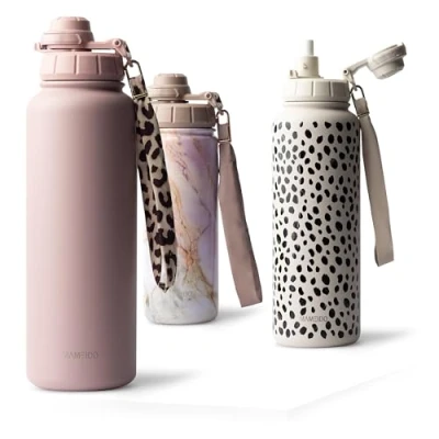 Imagen de MAMEIDO Botella Agua Acero Inoxidable 700ml Termica con Pajita, Gimnasio sin BPA, Cantimplora estanca, Termo Correa de Transporte, Water Bottle (Powder Blush, 0,7l)