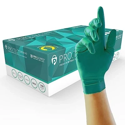 Imagen de UNIGLOVES PRO.TECT Guantes desechables de nitrilo HD color verde, ultra resistentes, un solo uso, multiusos, sin polvo, caja 100 guantes, tamaño mediano (GA0083)