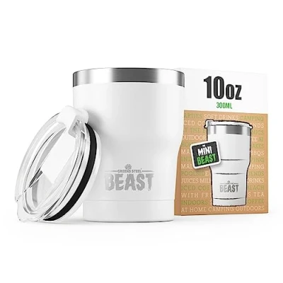 Imagen de Greens Steel BEAST Termo Café para Llevar 300ml I Blanco Ártico Taza Térmica de Acero Inoxidable Reusable Viajera Doble Pared al Vacío 2 Pajitas y Cepillo Limpieza