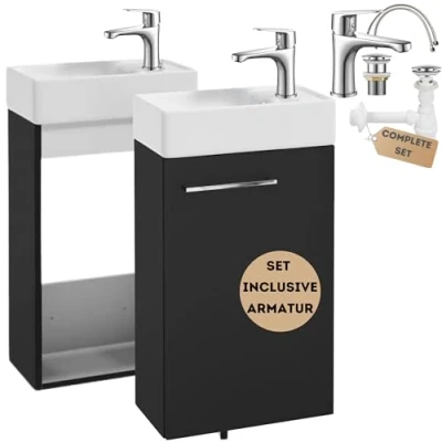 Imagen de Deftrans armario colgante negro Juego de muebles baño con lavabo y grifo, compacto, 40 x 60 21,3 cm, estrecho base, diseño moderno para tu cuarto