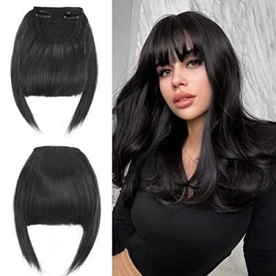 Imagen de Elailite Flequillo Postizo Pelo Corto Clip Flequillos Falso (sienes 22cm) 1 Pieza 2 en Postizos para Mujer # Negro Natural