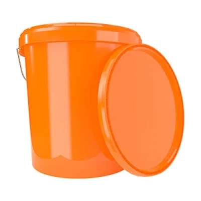 Imagen de cubo con tapa de 16 litros color naranja, apto para alimentos, hermético y estable, vacío asa productos químicos paredes, detergente en polvo