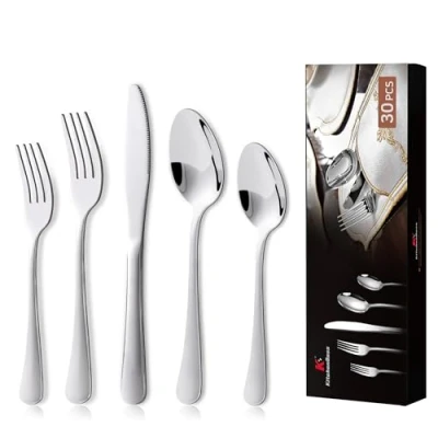 Imagen de KitchenBoss Cubiertos Acero Inoxidable: Cuberterias Completas 6 Personas, Juego de 30 Piezas, Apto para Lavavajillas, Color Plata
