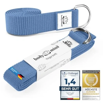 Imagen de correa de yoga Body &amp; Mind® algodón 100% natural 250 cm largo; con cierre anilla en D para principiantes y avanzados; ejercicios pilates, fitness (Azul meditación)