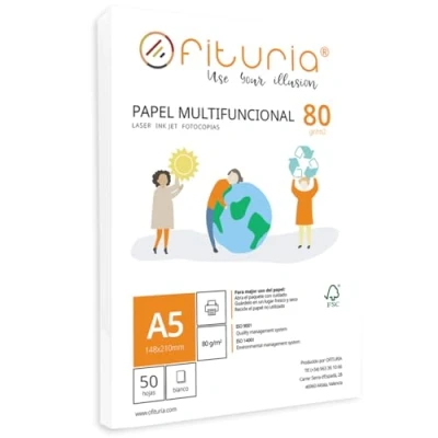 Imagen de Paquete de folios A5 80gr con 50 Hojas Blancas, Papel Multifuncional para Uso Escolar y Entornos Laborales. Ideal impresoras láser, inyección o fotocopiadoras Ofituria