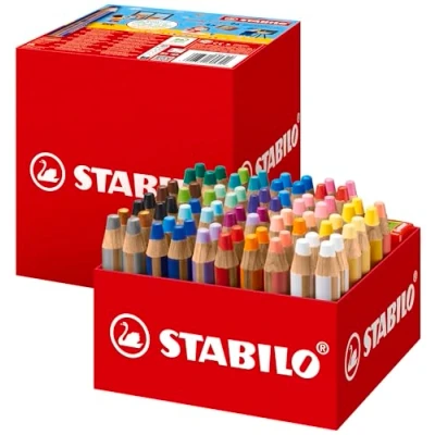 Imagen de STABILO Woody Lápices de colores, acuarela y cera, 3 en 1, caja 76 con 4 sacapuntas, 24 colores diferentes