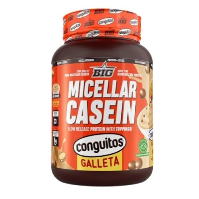 Imagen de BIG Caseina Micelar de Maxima Calidad, Proteina Liberacion Sostenida para Recuperacion y Masa Muscular, Textura Cremosa (Con toppings (trocitos), Conguitos Galleta)