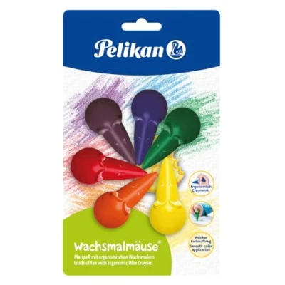 Imagen de Pelikan 803328 Lápices de cera natural para niños, 6 piezas, colores surtidos, agarre ergonómico y divertido en forma ratoncito, Multicolor (6 colores)