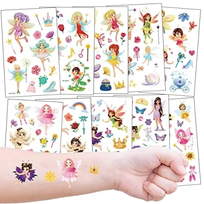 Imagen de 10 Hojas Tatuajes Temporales para Niñas, Glitter Flash de Flor Hada Princesa Cumpleaños Infantiles Fiesta