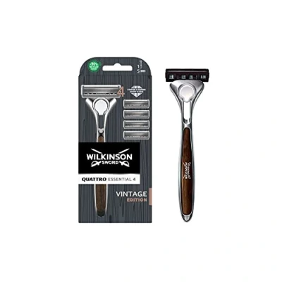 Imagen de Wilkinson Sword Quattro Vintage Edition Maquinilla De Afeitar 4 Hojas Titanio + Hoja Precisión Extra Con Recambios Cuchillas Banda Lubricante Protectora, Marrón