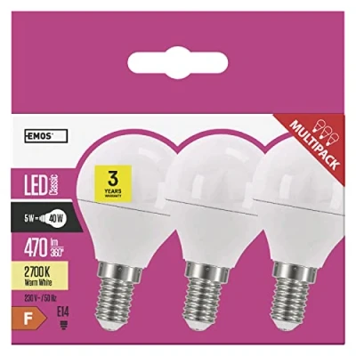 Imagen de Emos bombilla led de 5 W, equivalente a una 40 W. Casquillo E14, 470 lm, color blanco cálido, 2700 K, forma miniglobo G45, 30000 horas vida útil. Paquete 3 unidades