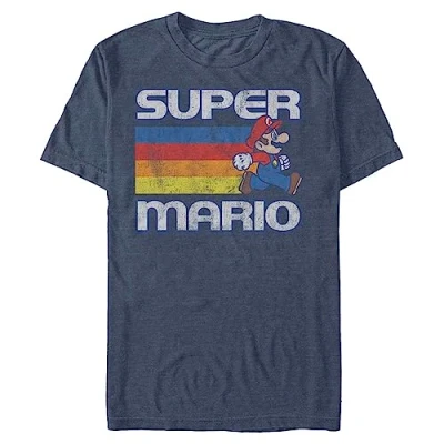 Imagen de Nintendo Super Mario Running Retro Stripe Camiseta, Azul Marino Jaspeado, L para Hombre