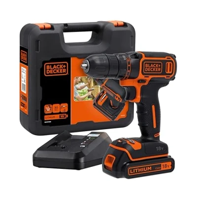 Imagen de BLACK+DECKER Taladro Atornillador 18V, Par máximo 30Nm, Portabrocas 10mm, 1 Batería Litio 1.5Ah, Luz LED, Incluye Cargador 400mA y Maletín BDCDC18K QW
