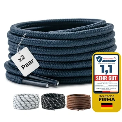 Imagen de LaceHype 2 pares de cordones redondos poliéster para zapatos trabajo, botas, exterior y zapatillas deportivas, resistentes al desgarro, azul oscuro, 150 cm Paar