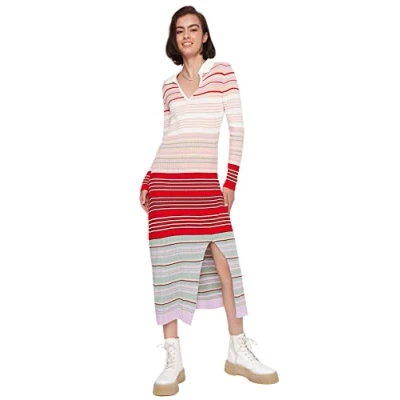 Imagen de Trendyol Vestido de Punto Midi Ajustado con Cuello abatible, para Mujer, Polvo, M
