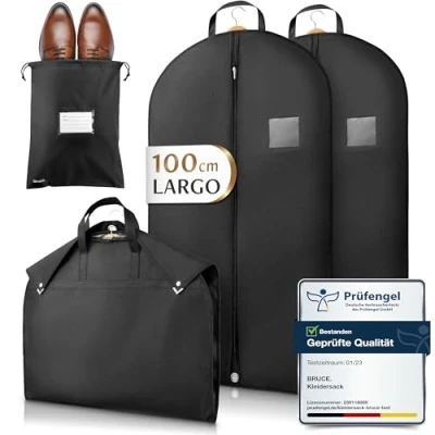 Imagen de Bruce.® 2x Fundas Ropa Armario 100x60cm con 1x Bolsa de Zapatos, Antipolillas Almacenaje 120 GSM, Porta trajes Caballero o Mujer para Viaje, Bolsas Guardar Colgada Cremallera