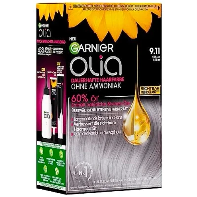 Imagen de Garnier Olia Tinte permanente para el cabello sin amoníaco, con aceites nutritivos y naturales, cobertura total del gris, coloración permanente, n.º 9.11 Cool Silver, 1 unidad