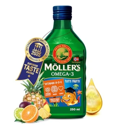 Imagen de Moller’s ® Aceite de hígado bacalao Complemento dietético con omega 3 EPA, DHA y vitaminas A, D E Sabor Tutti Frutti 250 ml