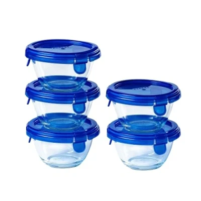 Imagen de Pyrex® Lote de 5 tarros redondos cristal con tapas herméticas y (0,2 L), sin BPA