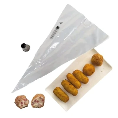 Imagen de Fackelmann Set para Croquetas, Contiene 10 Mangas Desechables y 1 Boquilla de Acero Inoxidable, hacer croquetas 55x33cm, Ø3,6x2,5cm, Manga Pastelera, Churros