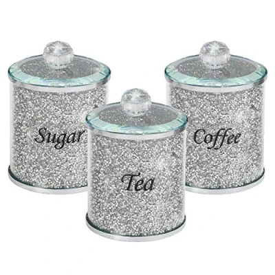 Imagen de Tarros de almacenamiento cocina, con adornos plateados, rellenos cristal, color negro, para té, café y azúcar